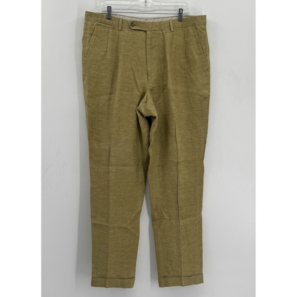 Ermenegildo Zegna Soft Pants Men Size 38x32 100% Linen Herringbone Pleated Cuff